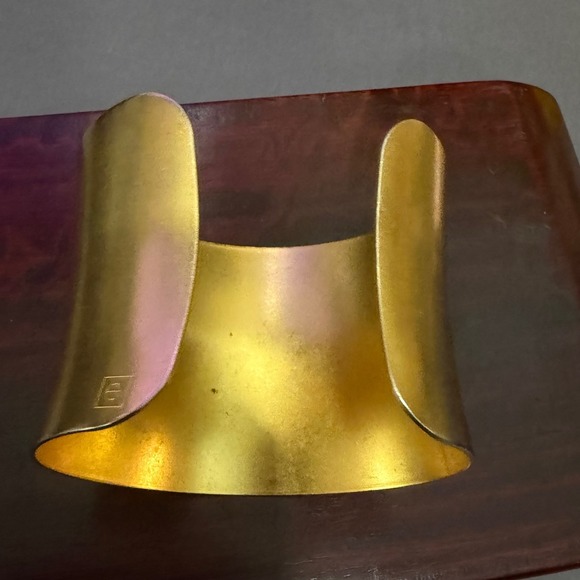 Wide Flared Cuff Bracelet Women Brushed Gold Tone Modernist Statement Signed - Picture 4 of 11